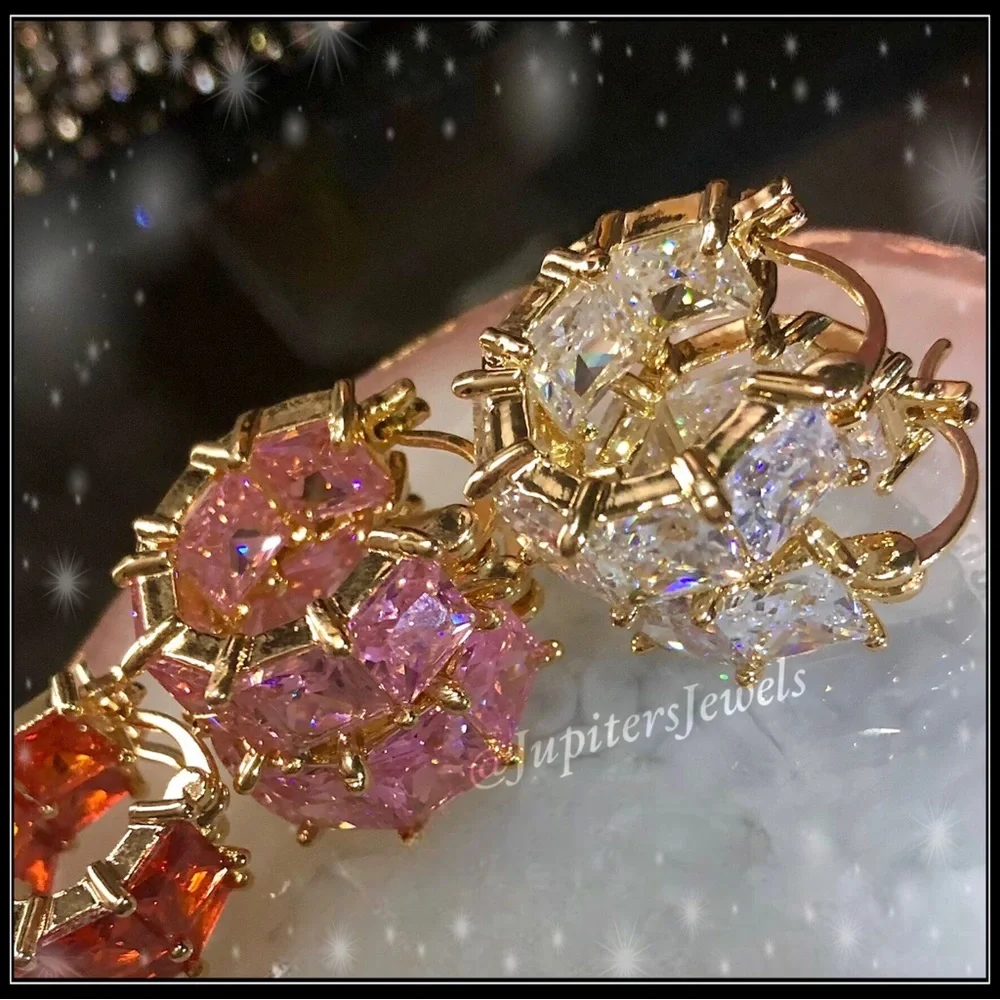 New 14k gold & pink simulated diamond 8g square princess chunky huggie earrings